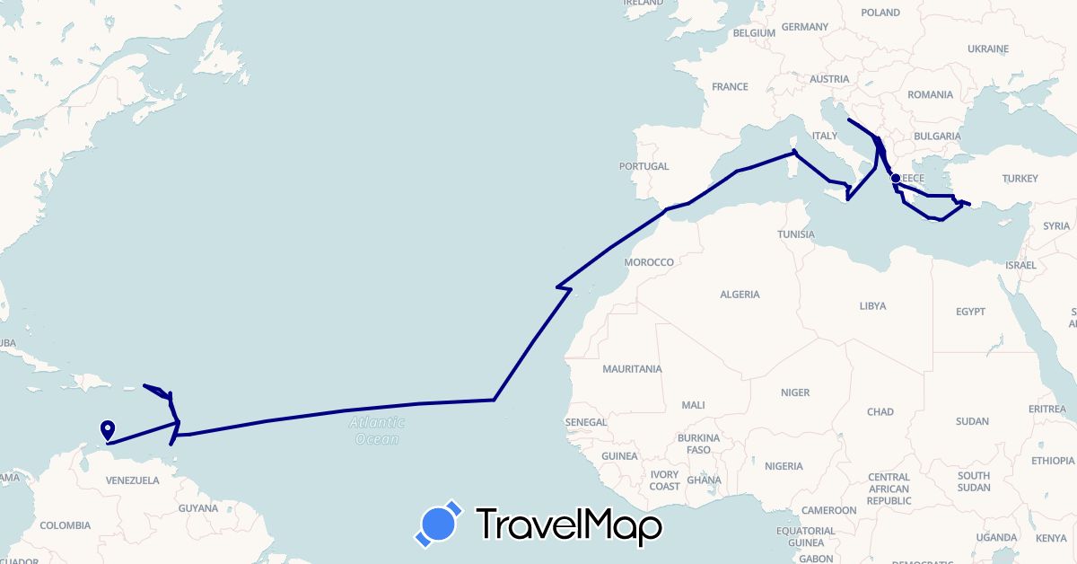 TravelMap itinerary: driving in Antigua and Barbuda, Albania, Barbados, Cape Verde, Curaçao, Dominica, Spain, France, Grenada, Gibraltar, Greece, Croatia, Italy, Saint Kitts and Nevis, Saint Lucia, Morocco, Montenegro, Netherlands, Turkey, Saint Vincent and the Grenadines, British Virgin Islands (Africa, Asia, Europe, North America, South America)